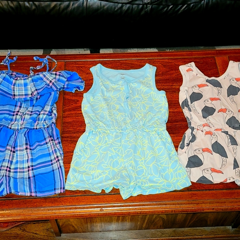Lot of 3 Tea Collection rompers gilrs size 7 plaid bird floral print pockets